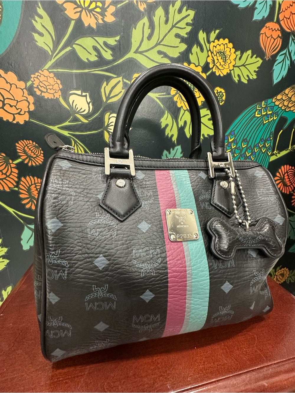 MCM Pet Collection Black Visetos Boston Bag Dog Bone Charm Satchel - Picture 7 of 16